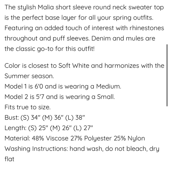 NWOT- MALIA PUFF SLEEVE RHINESTONE TOP - SOFT WHITE - Picture 4 of 4